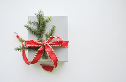 A Christmas Gift with red ribbon and a fir bough